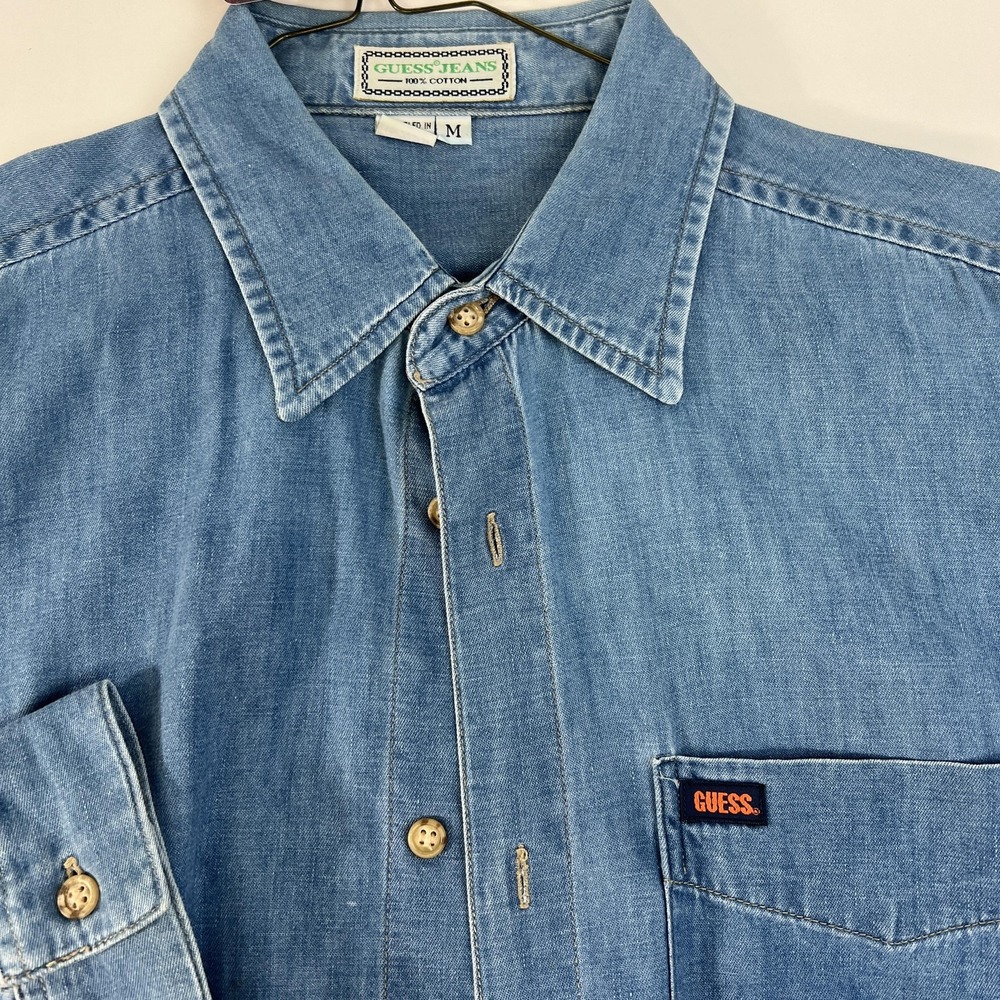 Vintage Guess 1993 Jeans Shirt Mens Medium Blue Denim Button‎ Front Long Sleeve